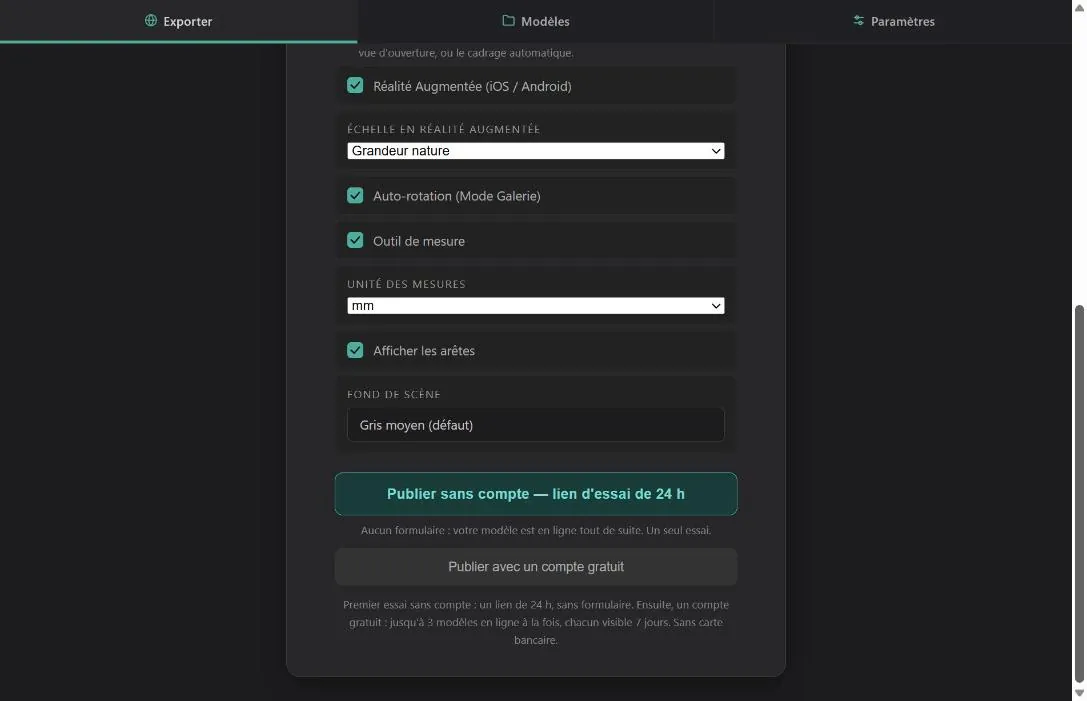 Bas de la fenêtre d’export : « Publier sans compte », un lien d’essai de 24 heures, ou « Publier avec un compte gratuit ».